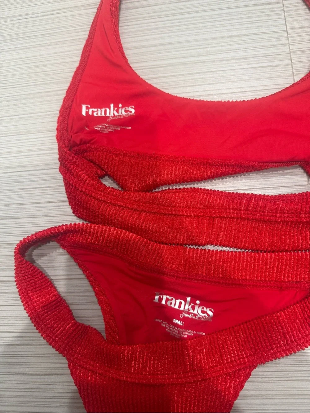 Frankie’s Bikinid Red Shiny Ribbed Halter Bikini Top and Bottom Set